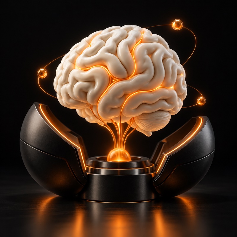 Un cerebro blanco con conexiones naranjas sobre un núcleo de procesamiento.