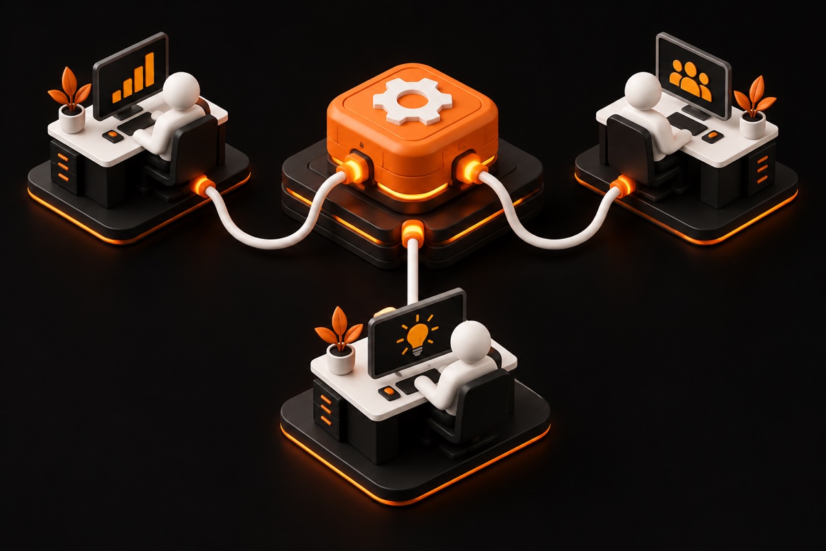 Un sistema central conectado a las herramientas de varios equipos.