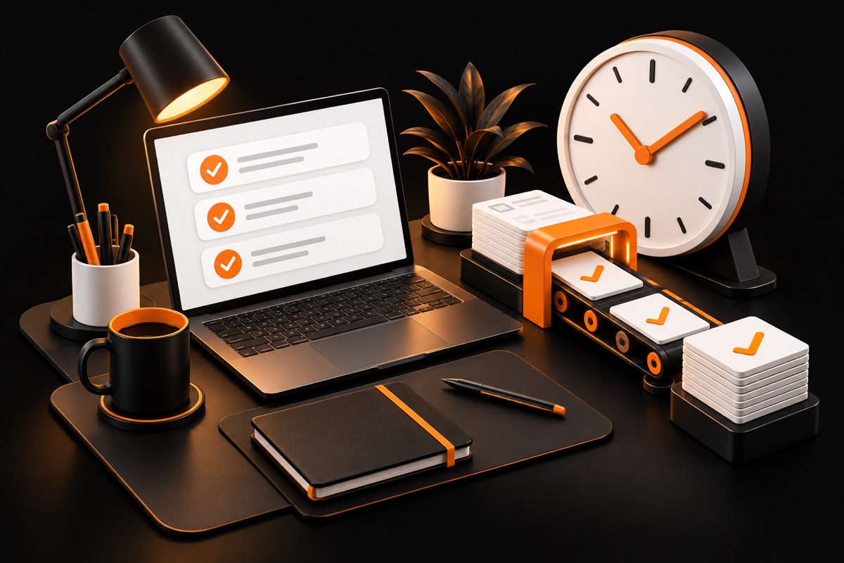 Un espacio de trabajo organizado, con tareas completadas y un reloj para representar el tiempo recuperado.